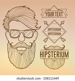 Linear Hipster face and badges,banners on blurred background