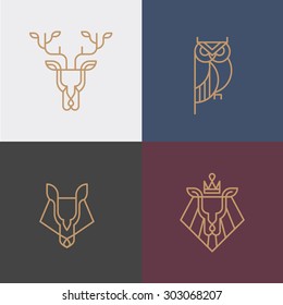 Linear  hipster logo vector icon element  -  deer, owl, wolf, lion