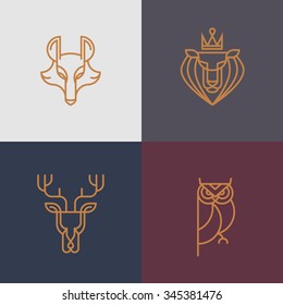 Linear hipster logo vector icon element - deer, owl, wolf, lion 