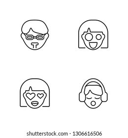 Linear Hipster, In love, Shocked, Listening Vector Illustration Of 4 outline Icons. Editable Pack Of Hipster, In love, Shocked, Listening