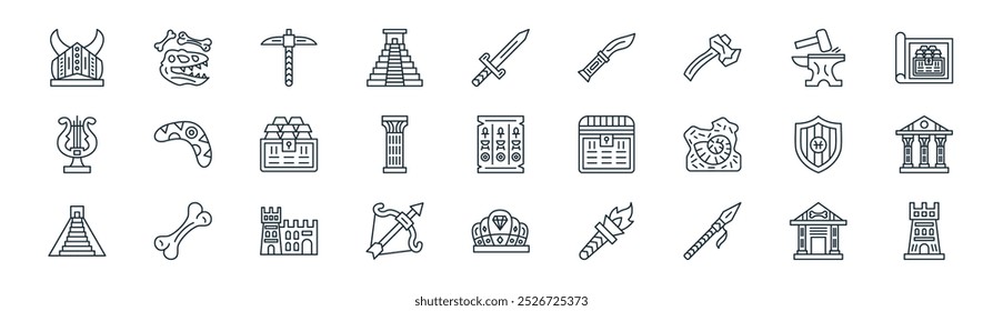 Vector de la línea fina del museo, del diauro, del pico, del yunque, del pilar, del templo griego, de la corona, de los iconos de la fortaleza convenientes para los App y los Sitios web