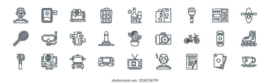 Vector de tarjetas de línea delgada, sello, computadora, noticias, ajedrez, televisor, iconos de taza de té adecuados para App y Sitios web Diseños de UI