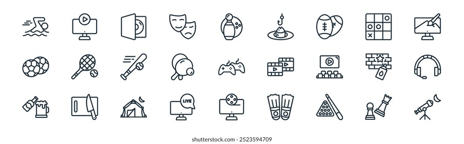 linear hobbies icon pack. vector thin line chess, movie, cd, tic tac toe, table tennis, music headphones, watch movie, telescope icons suitable for apps and websites ui designs