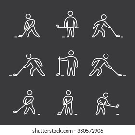Linear hockey icons set. Linear figure hockey player. Line art sport symbols