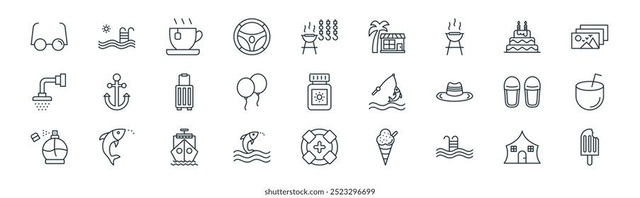 linear holidays icon pack. vector thin line camping, swimming pool, tea cup, birthday cake, balloons, coconut drink, life guard, ice cream icons suitable for apps and websites ui designs