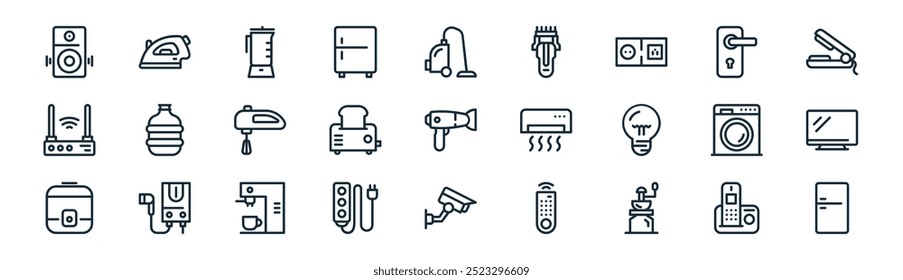 Icon-Paket für lineare Heimgeräte. Vektor dünne Linie mobile, zu Hause, Küche, Knopf, Brot, Monitor, Kamera, Lebensmittel-Icons geeignet für Apps und Websites ui Designs