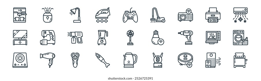 Icon-Paket für lineare Haushaltsgeräte. Vektor dünne Linie Luftreiniger, Luftbefeuchter, Lampenschreibtisch, Drucker, Mixer, Waschmaschine, Wasserkocher, Toaster Icons geeignet für Apps und Websites ui Designs