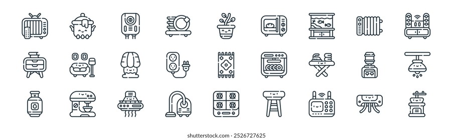 linear home equipment icon pack. vetor linha fina ar condicionado, pote, aquecedor de água, aquecedor, placa de circuito, lâmpada de teto, fogão a gás, moedor de café ícones adequados para aplicativos e sites ui designs