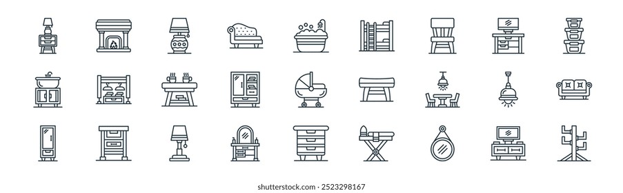 linear home stuff icon pack. vector thin line tv stand, fireplace, desk lamp, desk, clo, couch, chest of drawers, clothes icons suitable for apps and websites ui designs