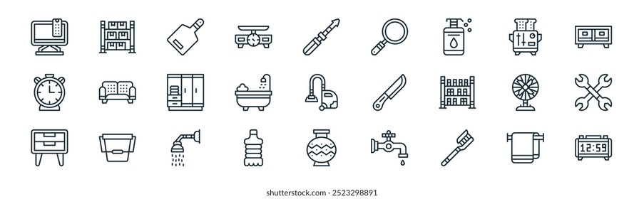 linear homeware icon pack. vector thin line towel rack, rack, chopping board, toaster, bathtub, wrench, pitcher, digital clock icons suitable for apps and websites ui designs