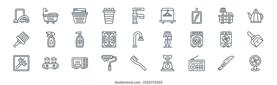 linear homeware icon pack. vector thin line knife, bathtub, laundry basket, night stand, carpet, dustpan, tooth brush, stand icons suitable for apps and websites ui designs