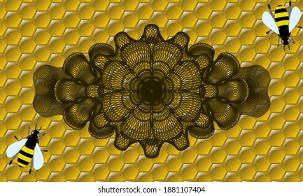 Linear honey bees realistic badge. beekeeping graceful background. Artistic illustration. 