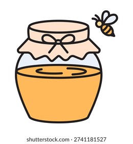 Linear honey jar icon with editable stroke and color fill. Sweet organic nectar in glass pot with bee. Cute Easter spring design, flat vector illustration. High-quality SEO graphics.