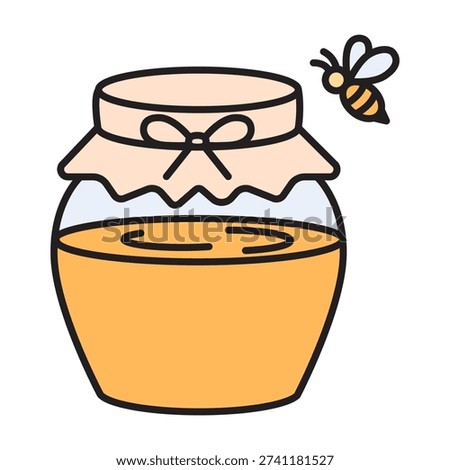 Linear honey jar icon with editable stroke and color fill. Sweet organic nectar in glass pot with bee. Cute Easter spring design, flat vector illustration. High-quality SEO graphics.