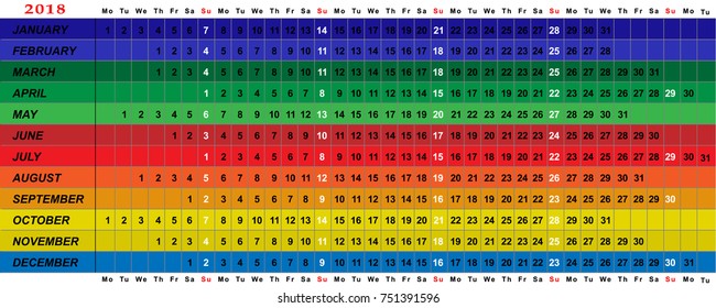 Linear horizontal calendar 2018