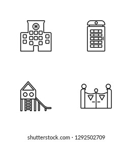 Linear Hospital, Slide, Phone booth, Gate Vector Illustration Of 4 outline Icons. Editable Pack Of Hospital, Slide, Phone booth, Gate
