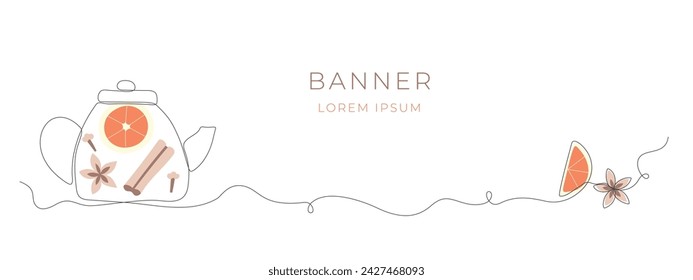 Linear hot spicy tea in pot vector banner. Simple line elements poster for menu.