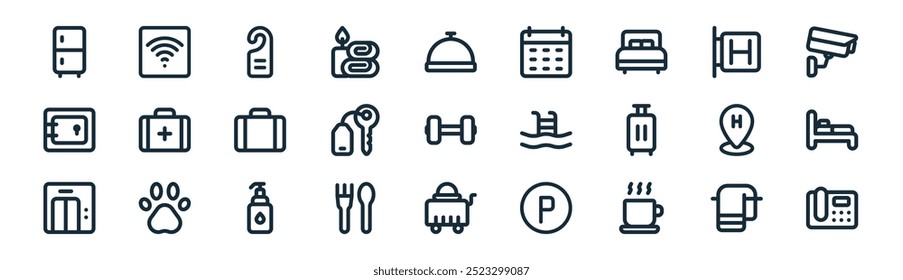 linear hotel icon pack. vector thin line towel, wifi, door hanger, hotel, key, single bed, food cart, phone icons suitable for apps and websites ui designs