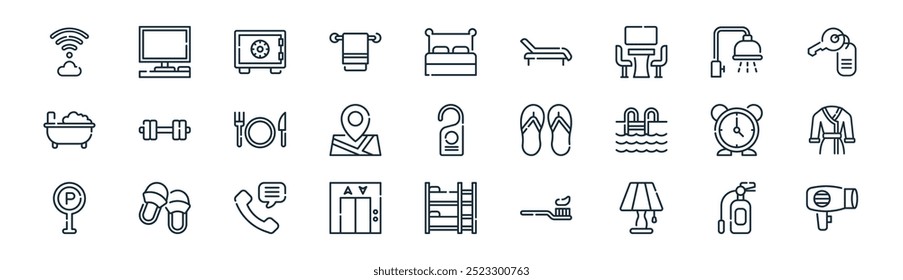 linear hotel icon pack. vector thin line fire extinguisher, television, safe box, shower, placeholder, bathrobe, bunk bed, hair dryer icons suitable for apps and websites ui designs