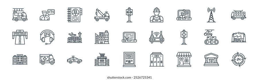 horas lineares service icon pack. vetor linha fina banco, pergunta, catálogo telefônico, torre de rádio, sede, fábrica, atm hine, ícones horas adequados para aplicativos e sites projetos de iu