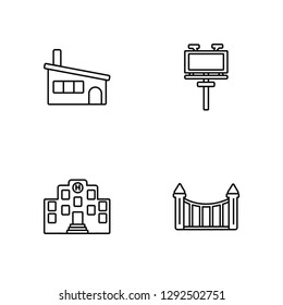 Linear House, Hospital, Billboard, Gateway Vector Illustration Of 4 outline Icons. Editable Pack Of House, Hospital, Billboard, Gateway