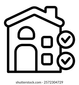 Linear house icon with checklist marks, symbolizing property evaluation or inspection