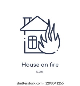 Linear house on fire icon from Meteorology outline collection. Thin line house on fire icon isolated on white background. house on fire trendy illustration