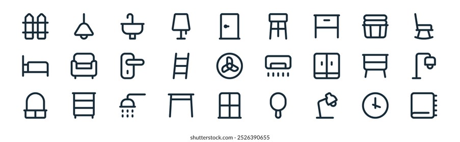 vetor de linha fina tempo, luz de teto, pia, cesta de roupa, escadas, lâmpada de chão, janela, ícones de cobertor adequados para aplicativos e sites projetos de iu