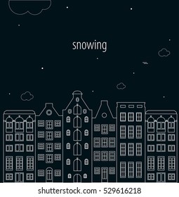 Linear houses Amsterdam Black, snowing night