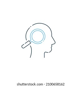 Linear Human Head and Magnifying Glass vector icon in meaning Thoughts, search Problem solving concept. Stock vector illustration isolated on white background