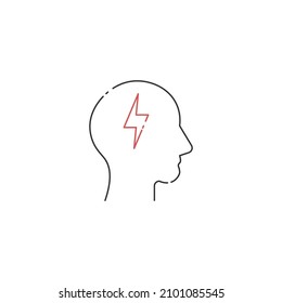 Linear human head with thin line lightning. concept of genius person and eureka or frustration. migraine icon. Editable stroke. Stock vector illustration isolated on white background