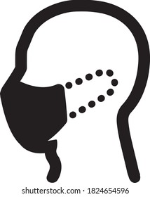 A linear human head wearing a medical mask seen in profile. Covid-19. Coronavirus
