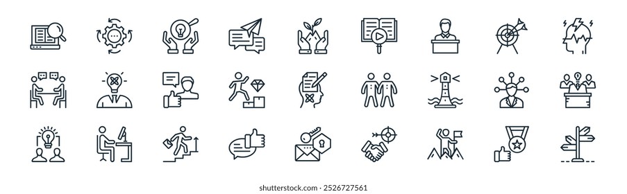 linear human resources icon pack. vector thin line success, engineering, problem solving, target practice, career promotion, team leader, authentication, guidepost icons suitable for apps and
