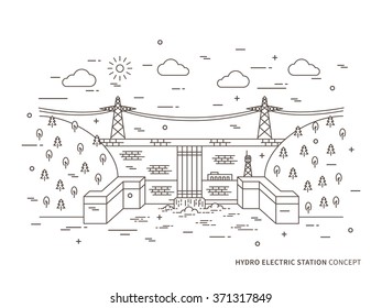 Linear hydro electric station (hydroelectric power) vector illustration. Hydro power engineering (waterpower plant, hydroelectric plant) creative concept. Hydropower engineering) graphic design.
