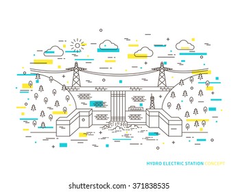 Linear hydro electric station (hydroelectric power plant) vector illustration. Hydro power engineering (waterpower plant, hydroplant) creative concept. Hydroelectric power station graphic design.
