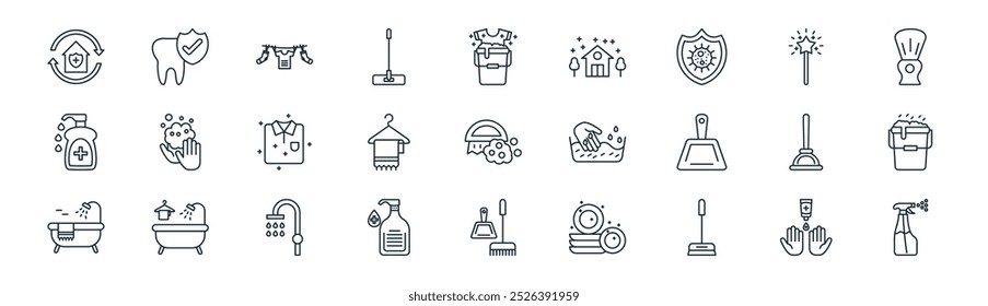 linear hygiene icon pack. vector thin line hand wash, healthy tooth, hanging dry, magic wand, towel hanger, bucket, broom, sprayer icons suitable for apps and websites ui designs