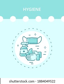 Linear hygiene icon in a vector. Medical mask, antiseptic, wet wipes.