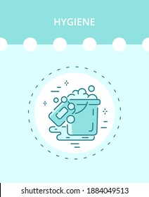 Linear hygiene icon in a vector. Soap, water, bucket, soap suds.