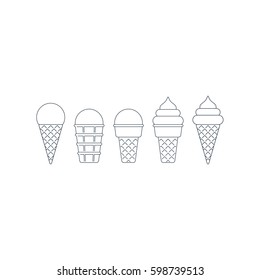 Linear ice cream cone icon set, ball and twisted top, pointed and flat bottom, different shape, black outline, mono line symbol on white, vector illustration