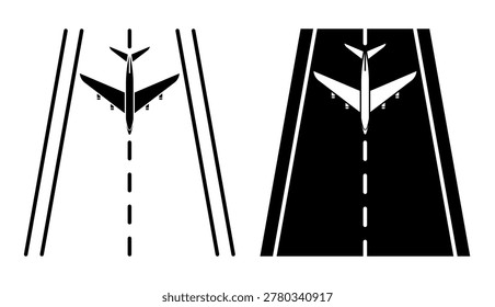 Linear icon. Airplane arriving from a flight at airport lands on runway. Simple black and white vector symbol isolated on white background. NO AI GEN