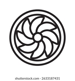 Linear icon of an airplane turbine. Airplane equipment. Jet propeller. Airplane engine. Flight service. Running motor. Thin line illustration. Contour symbol.