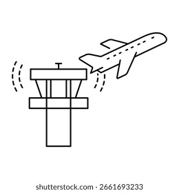Ícone linear da torre de controle do aeroporto para controle de tráfego aéreo e observação visual