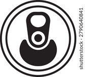 Linear icon, aluminum soda can top view. Metal beer can with key to open from high angle. Black icon silhouette vector
