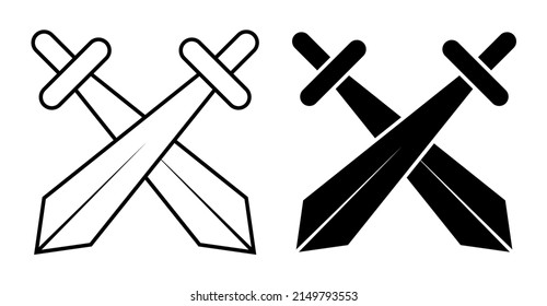Linear icon, apair of crossed knight swords. Tournament, beginning of medieval duel. Simple black and white vector isolated on white background