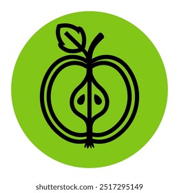 Icono lineal de manzana en círculo verde. Icono de fruta