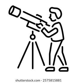 A linear icon of an astronomer gazing through a telescope 