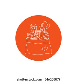 Linear Icon Bag of Santa Claus with Gifts and Firecrackers and Balloons,  Icon Christmas Decorations,  Vector Illustration
