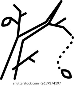 Icono lineal de rama de árbol desnuda con hojas que caen. Vector de trazo editable. Ideal para otoño, cambio de estación y diseños de naturaleza.
