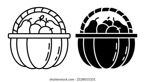 Linear icon. Basket in shape of half pumpkin with wicker handle filled with freshly picked fruits apples and pears. Simple black and white vector isolated on white background