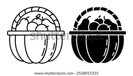 Linear icon. Basket in shape of half pumpkin with wicker handle filled with freshly picked fruits apples and pears. Simple black and white vector isolated on white background